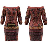 Aotearoa Iwi Rongowhakaata Couples Matching Off The Shoulder Long Sleeve Dress and Long Sleeve Button Shirt Maori Wharenui House Tribal Pattern LT9 - Polynesian Pride