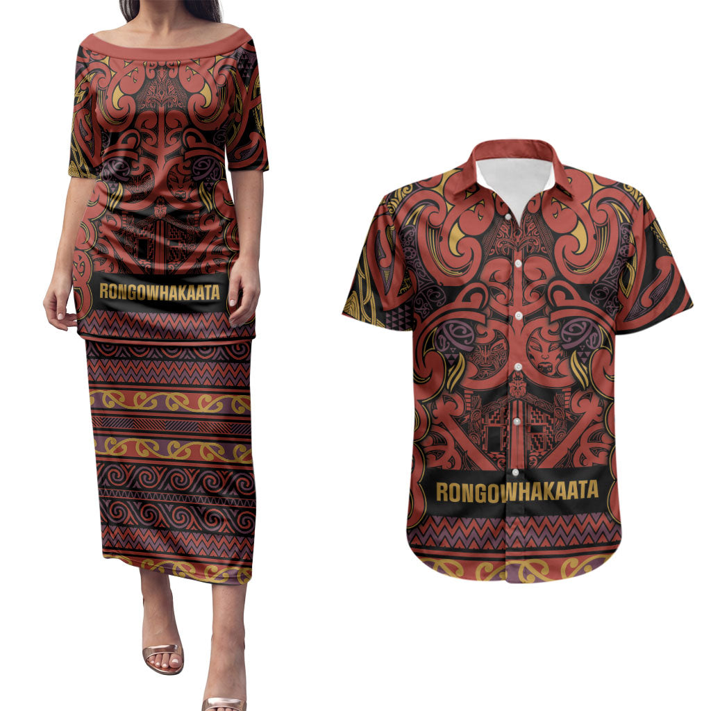 Aotearoa Iwi Rongowhakaata Couples Matching Puletasi and Hawaiian Shirt Maori Wharenui House Tribal Pattern LT9 Brick Red - Polynesian Pride