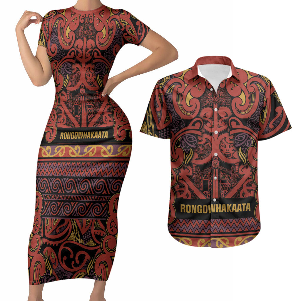 Aotearoa Iwi Rongowhakaata Couples Matching Short Sleeve Bodycon Dress and Hawaiian Shirt Maori Wharenui House Tribal Pattern LT9 Brick Red - Polynesian Pride