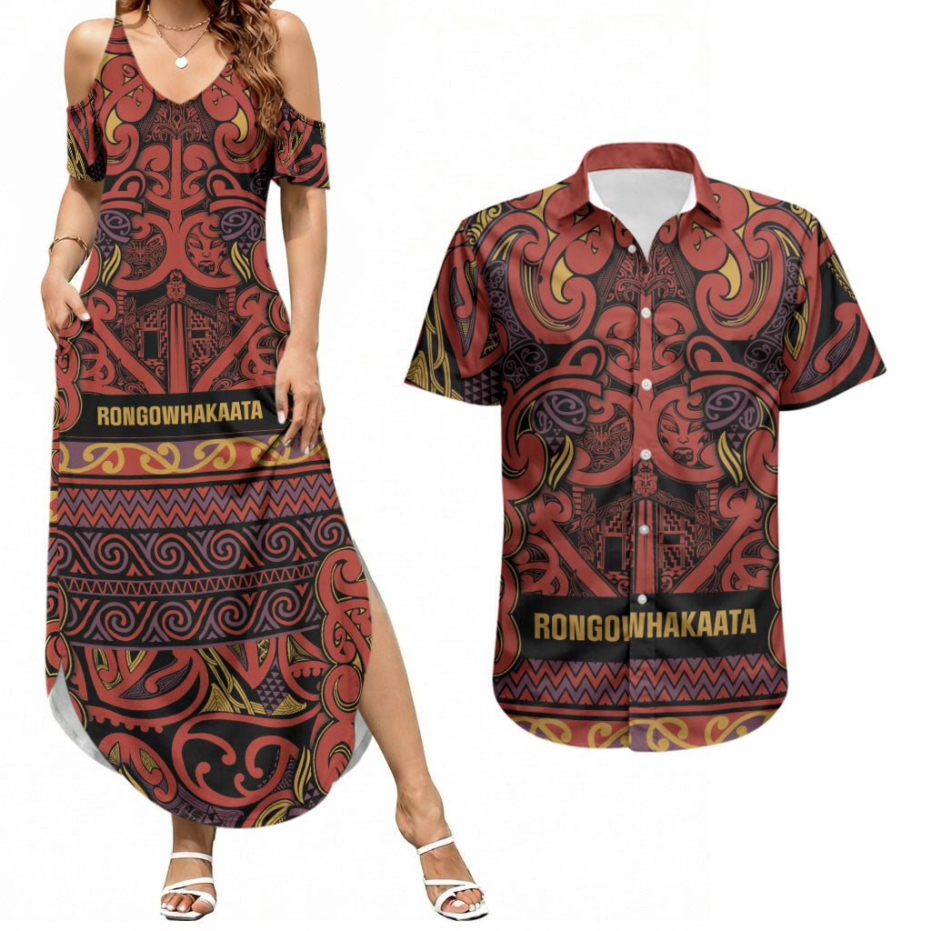 Aotearoa Iwi Rongowhakaata Couples Matching Summer Maxi Dress and Hawaiian Shirt Maori Wharenui House Tribal Pattern LT9 Brick Red - Polynesian Pride