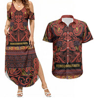 Aotearoa Iwi Rongowhakaata Couples Matching Summer Maxi Dress and Hawaiian Shirt Maori Wharenui House Tribal Pattern LT9 Brick Red - Polynesian Pride