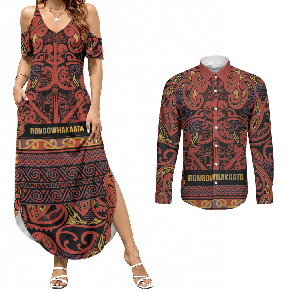 Aotearoa Iwi Rongowhakaata Couples Matching Summer Maxi Dress and Long Sleeve Button Shirt Maori Wharenui House Tribal Pattern LT9 Brick Red - Polynesian Pride