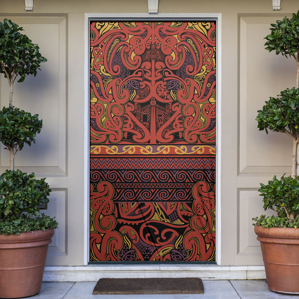Aotearoa Iwi Rongowhakaata Door Cover Maori Wharenui House Tribal Pattern LT9 Brick Red - Polynesian Pride