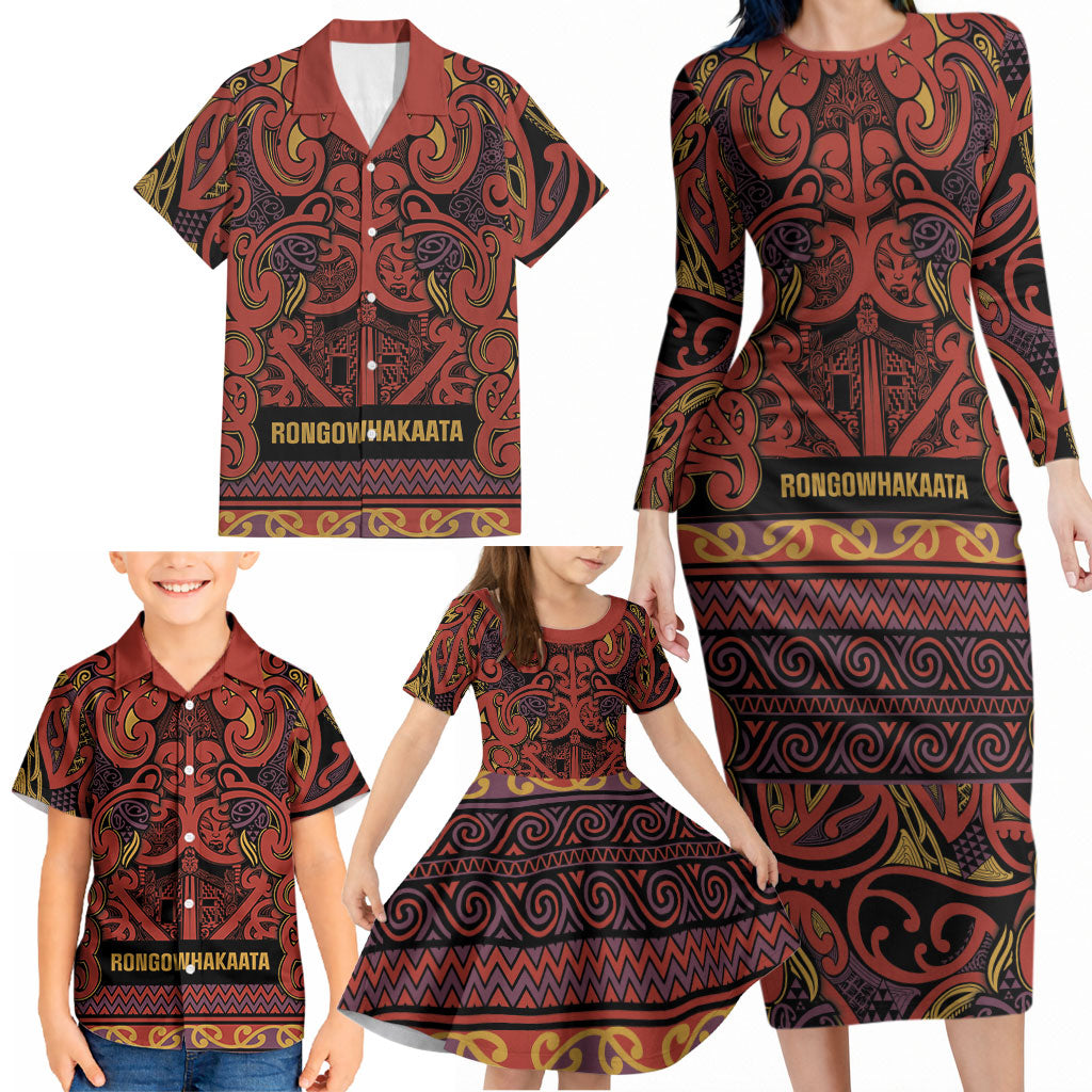 Aotearoa Iwi Rongowhakaata Family Matching Long Sleeve Bodycon Dress and Hawaiian Shirt Maori Wharenui House Tribal Pattern LT9 - Polynesian Pride