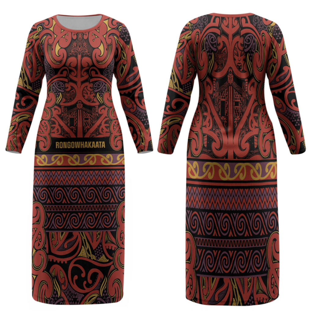 Aotearoa Iwi Rongowhakaata Family Matching Long Sleeve Bodycon Dress and Hawaiian Shirt Maori Wharenui House Tribal Pattern LT9 Mom's Dress Brick Red - Polynesian Pride