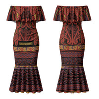 Aotearoa Iwi Rongowhakaata Family Matching Mermaid Dress and Hawaiian Shirt Maori Wharenui House Tribal Pattern LT9 Mom's Dress Brick Red - Polynesian Pride