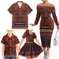 Aotearoa Iwi Rongowhakaata Family Matching Off The Shoulder Long Sleeve Dress and Hawaiian Shirt Maori Wharenui House Tribal Pattern LT9 - Polynesian Pride