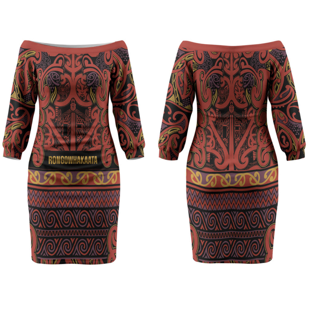 Aotearoa Iwi Rongowhakaata Family Matching Off The Shoulder Long Sleeve Dress and Hawaiian Shirt Maori Wharenui House Tribal Pattern LT9 Mom's Dress Brick Red - Polynesian Pride