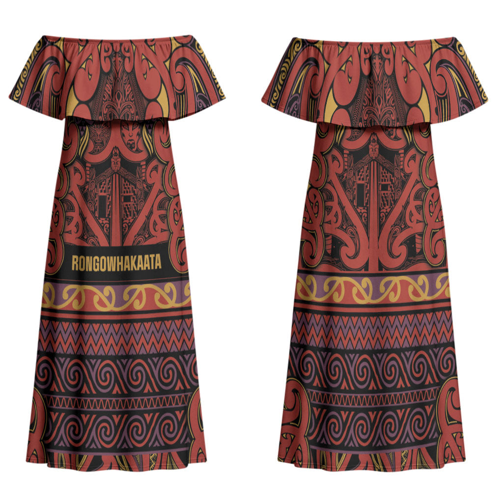 Aotearoa Iwi Rongowhakaata Family Matching Off Shoulder Maxi Dress and Hawaiian Shirt Maori Wharenui House Tribal Pattern LT9 Mom's Dress Brick Red - Polynesian Pride