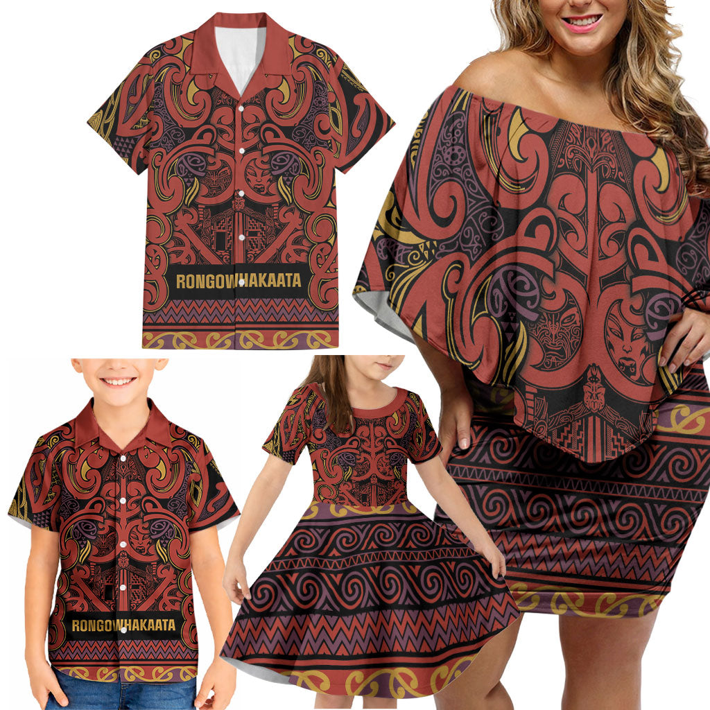 Aotearoa Iwi Rongowhakaata Family Matching Off Shoulder Short Dress and Hawaiian Shirt Maori Wharenui House Tribal Pattern LT9 - Polynesian Pride