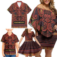 Aotearoa Iwi Rongowhakaata Family Matching Off Shoulder Short Dress and Hawaiian Shirt Maori Wharenui House Tribal Pattern LT9 - Polynesian Pride