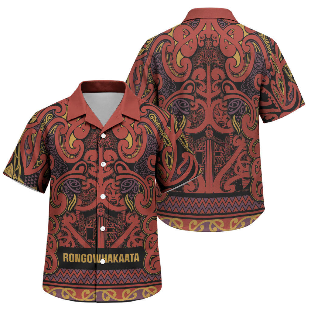 Aotearoa Iwi Rongowhakaata Family Matching Off Shoulder Short Dress and Hawaiian Shirt Maori Wharenui House Tribal Pattern LT9 Son's Shirt Brick Red - Polynesian Pride