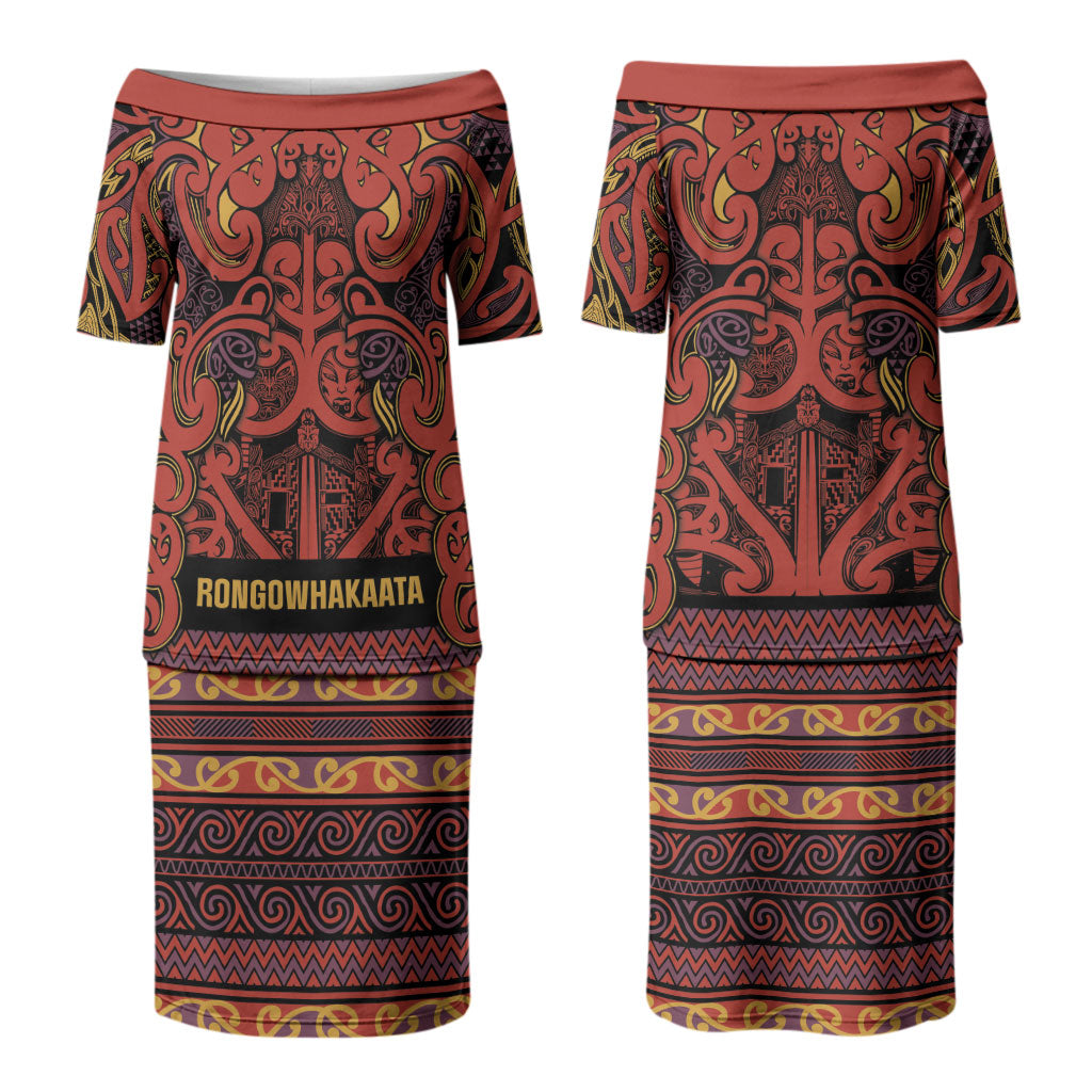 Aotearoa Iwi Rongowhakaata Family Matching Puletasi and Hawaiian Shirt Maori Wharenui House Tribal Pattern LT9 Mom's Dress Brick Red - Polynesian Pride