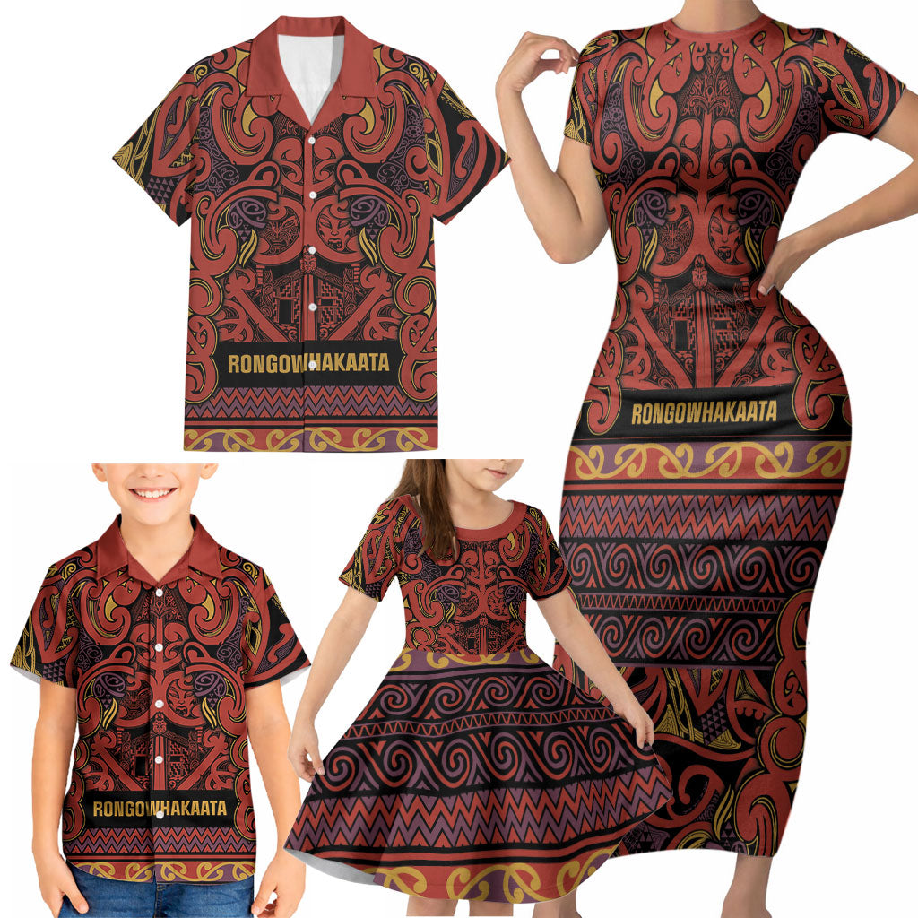 Aotearoa Iwi Rongowhakaata Family Matching Short Sleeve Bodycon Dress and Hawaiian Shirt Maori Wharenui House Tribal Pattern LT9 - Polynesian Pride