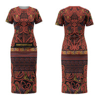 Aotearoa Iwi Rongowhakaata Family Matching Short Sleeve Bodycon Dress and Hawaiian Shirt Maori Wharenui House Tribal Pattern LT9 Mom's Dress Brick Red - Polynesian Pride