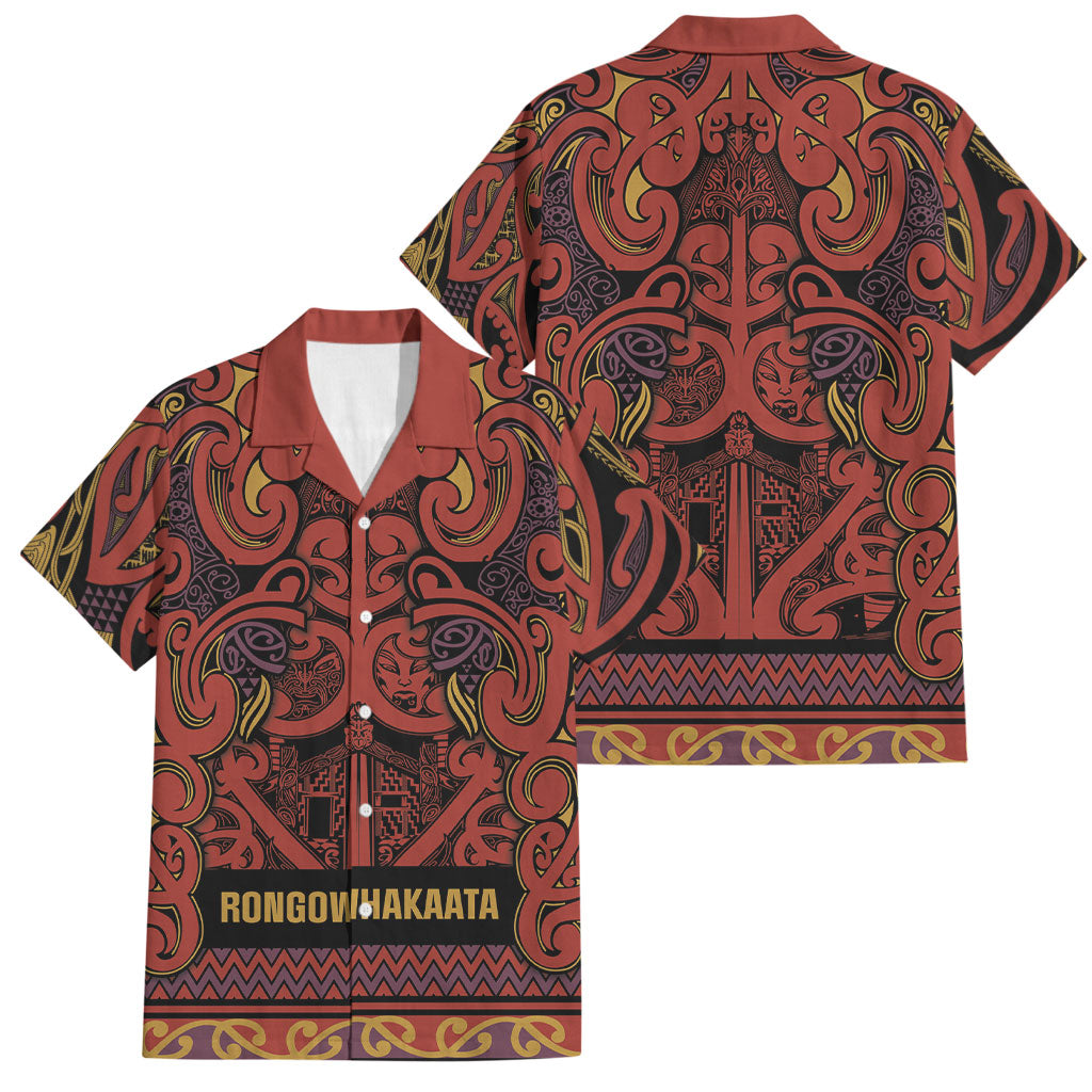 Aotearoa Iwi Rongowhakaata Family Matching Tank Maxi Dress and Hawaiian Shirt Maori Wharenui House Tribal Pattern LT9 Dad's Shirt - Short Sleeve Brick Red - Polynesian Pride