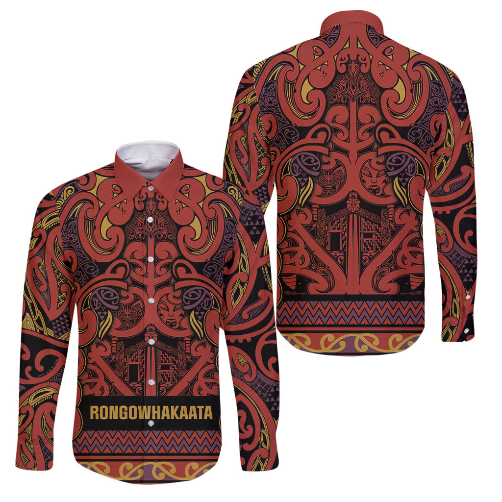 Aotearoa Iwi Rongowhakaata Family Matching Tank Maxi Dress and Hawaiian Shirt Maori Wharenui House Tribal Pattern LT9 Dad's Shirt - Long Sleeve Brick Red - Polynesian Pride