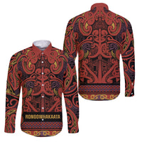 Aotearoa Iwi Rongowhakaata Family Matching Tank Maxi Dress and Hawaiian Shirt Maori Wharenui House Tribal Pattern LT9 Dad's Shirt - Long Sleeve Brick Red - Polynesian Pride
