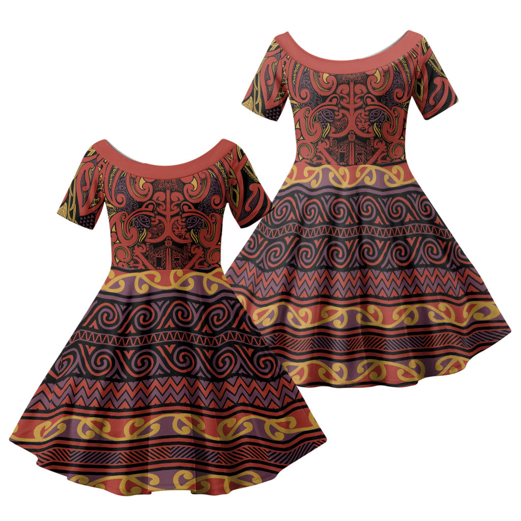 Aotearoa Iwi Rongowhakaata Family Matching Tank Maxi Dress and Hawaiian Shirt Maori Wharenui House Tribal Pattern LT9 Daughter's Dress Brick Red - Polynesian Pride