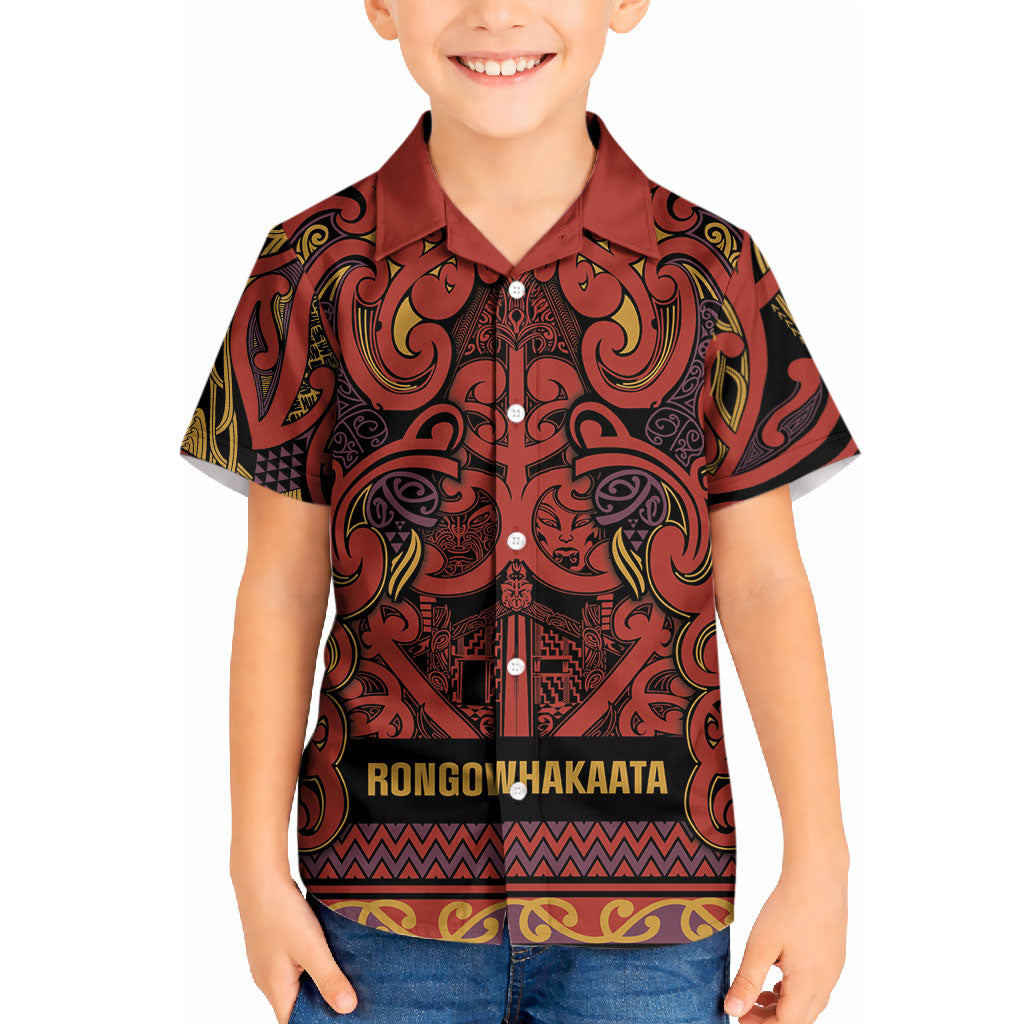 Aotearoa Iwi Rongowhakaata Kid Hawaiian Shirt Maori Wharenui House Tribal Pattern LT9 Kid Brick Red - Polynesian Pride