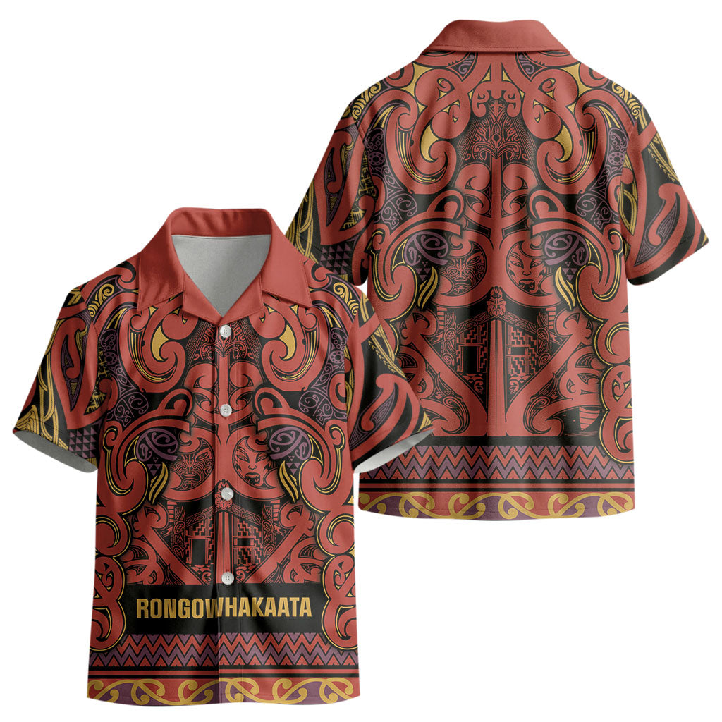 Aotearoa Iwi Rongowhakaata Kid Hawaiian Shirt Maori Wharenui House Tribal Pattern LT9 - Polynesian Pride