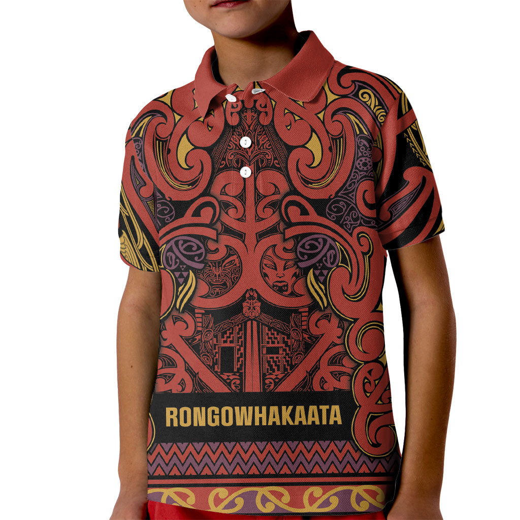 Aotearoa Iwi Rongowhakaata Kid Polo Shirt Maori Wharenui House Tribal Pattern