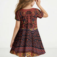 Aotearoa Iwi Rongowhakaata Kid Short Sleeve Dress Maori Wharenui House Tribal Pattern LT9 - Polynesian Pride