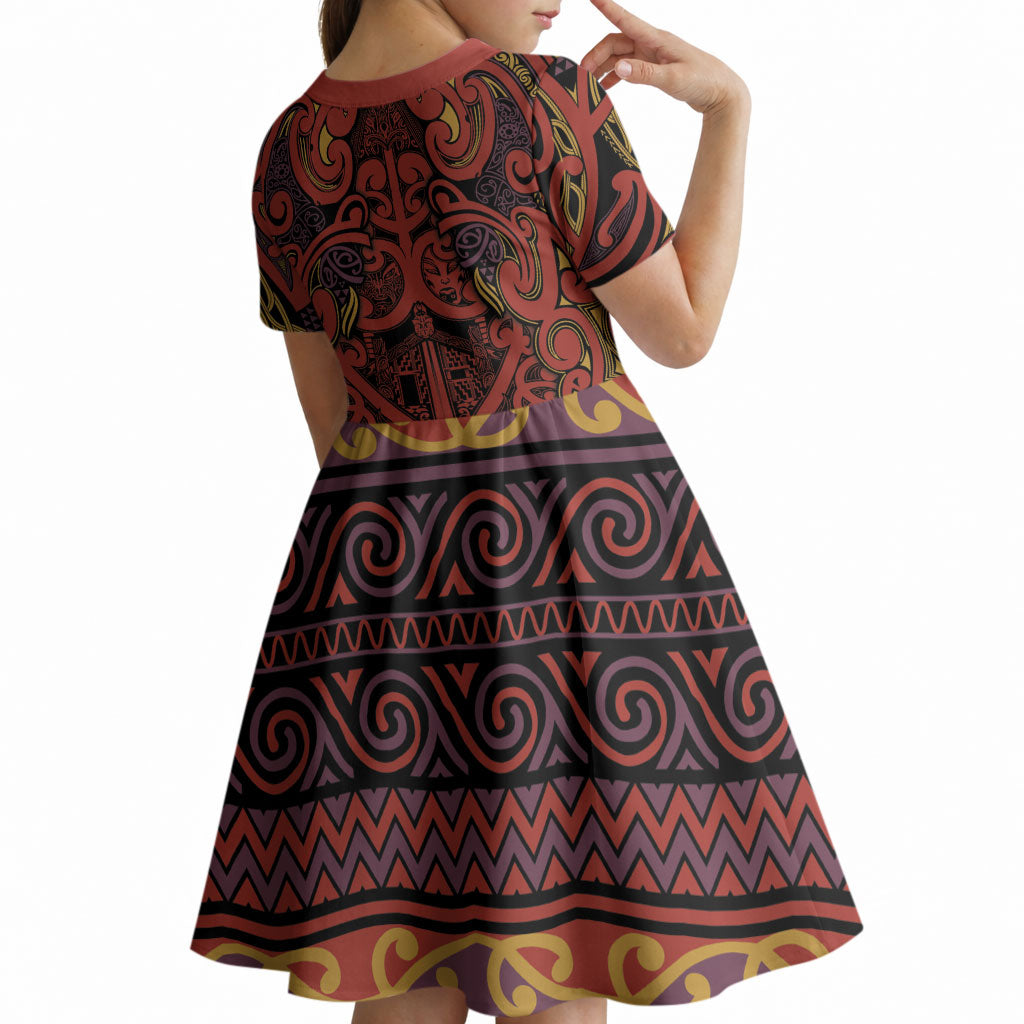 Aotearoa Iwi Rongowhakaata Kid Short Sleeve Dress Maori Wharenui House Tribal Pattern LT9 - Polynesian Pride