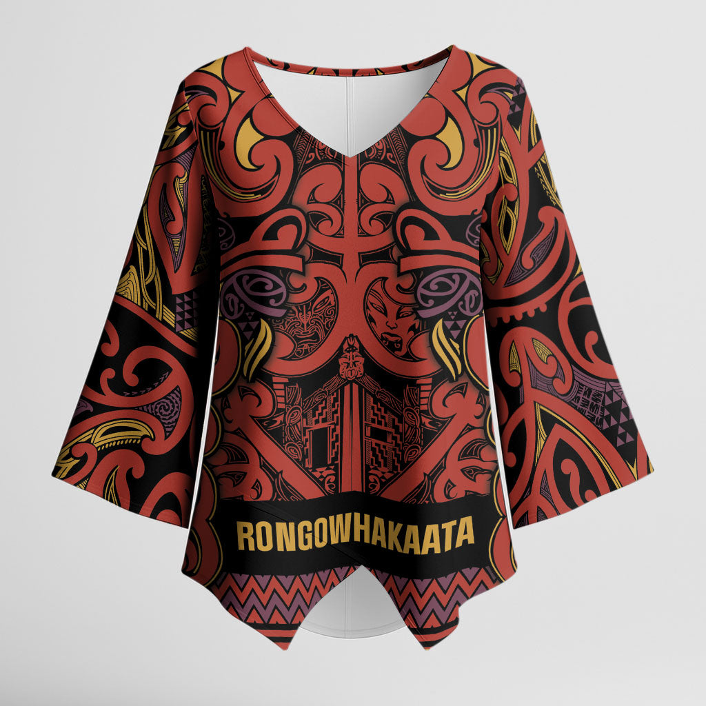 Aotearoa Iwi Rongowhakaata Kimono Sleeve Blouse Maori Wharenui House Tribal Pattern LT9 Female Brick Red - Polynesian Pride