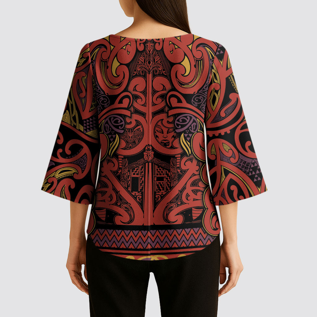 Aotearoa Iwi Rongowhakaata Kimono Sleeve Blouse Maori Wharenui House Tribal Pattern LT9 - Polynesian Pride
