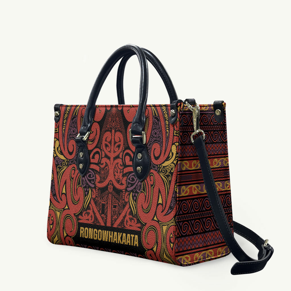Aotearoa Iwi Rongowhakaata Leather Bag Maori Wharenui House Tribal Pattern LT9 Brick Red - Polynesian Pride