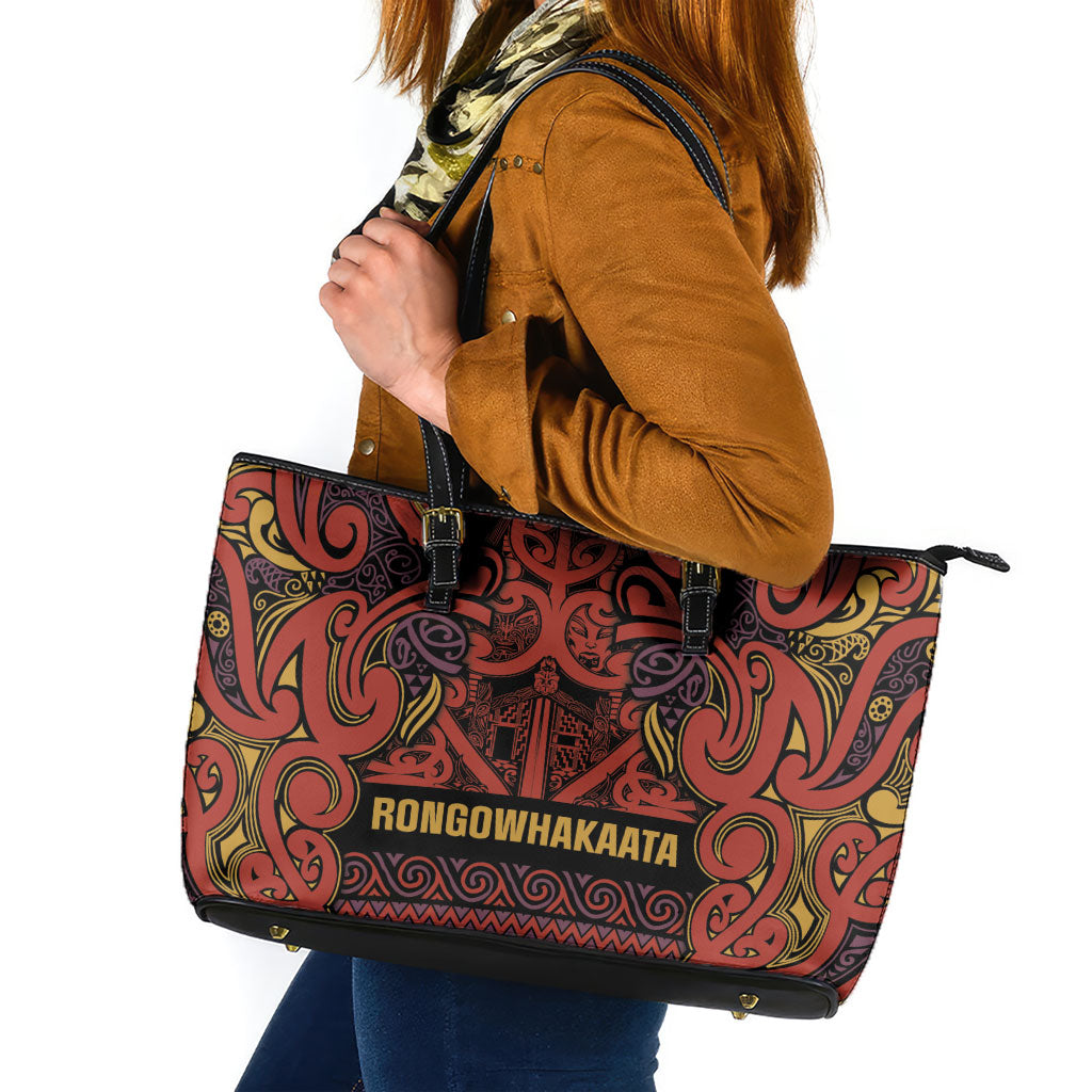 Aotearoa Iwi Rongowhakaata Leather Tote Bag Maori Wharenui House Tribal Pattern LT9 Brick Red - Polynesian Pride