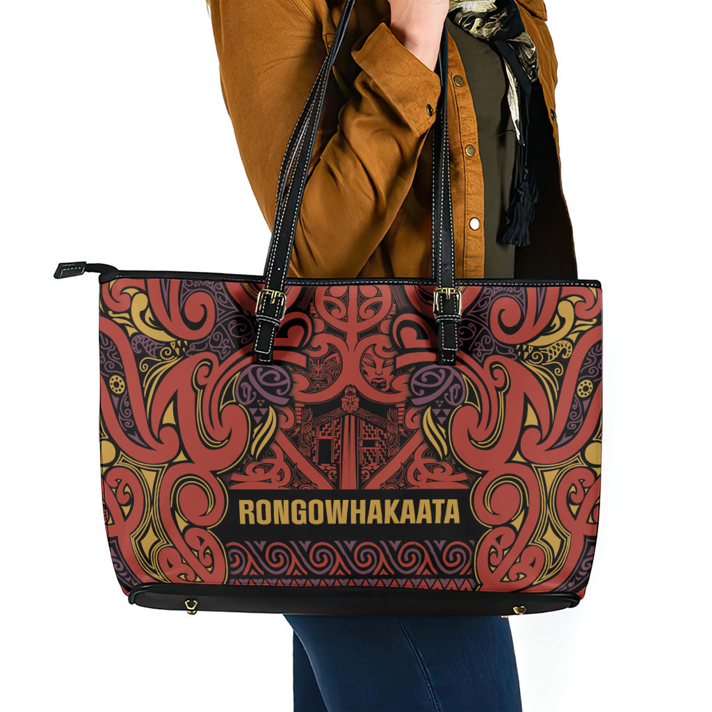 Aotearoa Iwi Rongowhakaata Leather Tote Bag Maori Wharenui House Tribal Pattern LT9 - Polynesian Pride