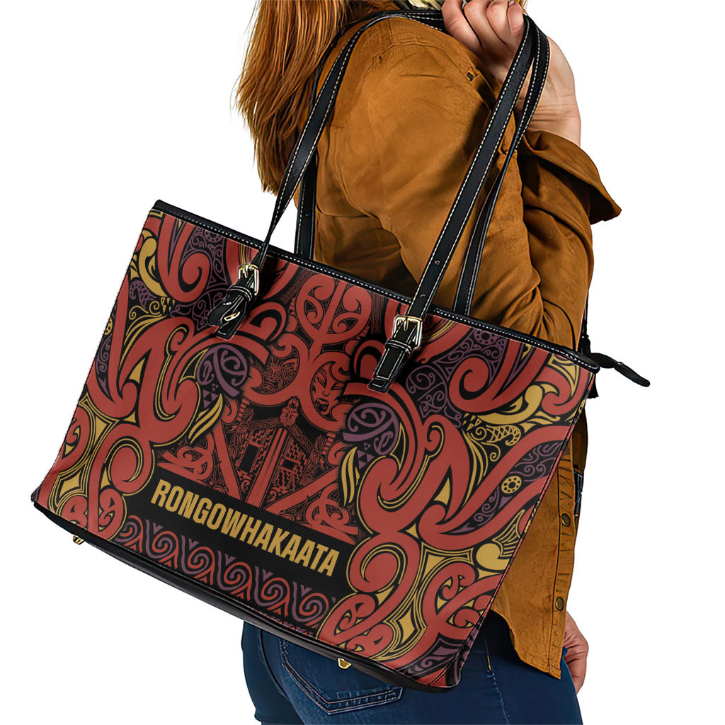 Aotearoa Iwi Rongowhakaata Leather Tote Bag Maori Wharenui House Tribal Pattern LT9 - Polynesian Pride