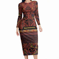 Aotearoa Iwi Rongowhakaata Long Sleeve Bodycon Dress Maori Wharenui House Tribal Pattern LT9 Long Dress Brick Red - Polynesian Pride
