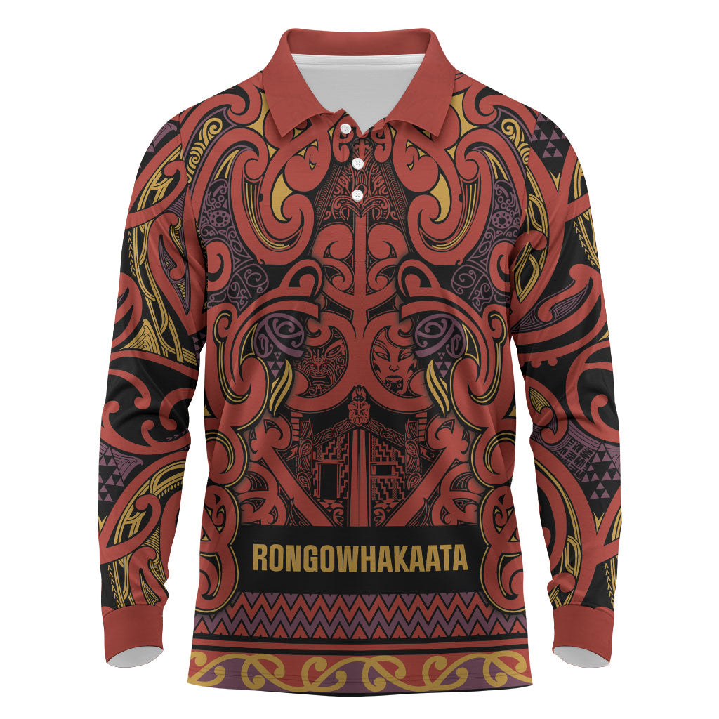 Aotearoa Iwi Rongowhakaata Long Sleeve Polo Shirt Maori Wharenui House Tribal Pattern LT9 Brick Red - Polynesian Pride
