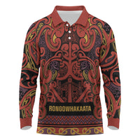 Aotearoa Iwi Rongowhakaata Long Sleeve Polo Shirt Maori Wharenui House Tribal Pattern LT9 Brick Red - Polynesian Pride