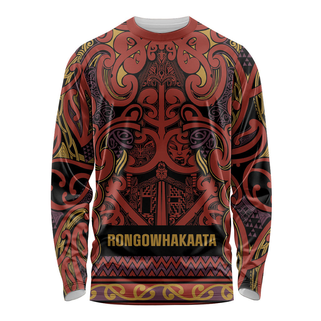 Aotearoa Iwi Rongowhakaata Long Sleeve Shirt Maori Wharenui House Tribal Pattern LT9 Unisex Brick Red - Polynesian Pride
