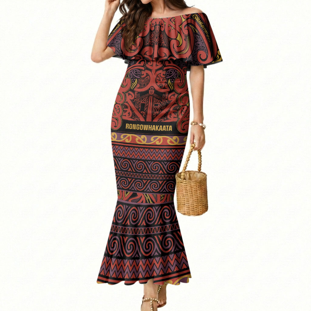 Aotearoa Iwi Rongowhakaata Mermaid Dress Maori Wharenui House Tribal Pattern LT9 Women Brick Red - Polynesian Pride