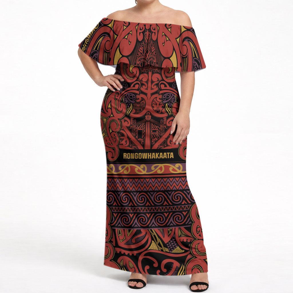 Aotearoa Iwi Rongowhakaata Off Shoulder Maxi Dress Maori Wharenui House Tribal Pattern LT9 Women Brick Red - Polynesian Pride