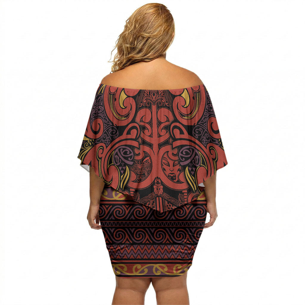 Aotearoa Iwi Rongowhakaata Off Shoulder Short Dress Maori Wharenui House Tribal Pattern LT9 - Polynesian Pride