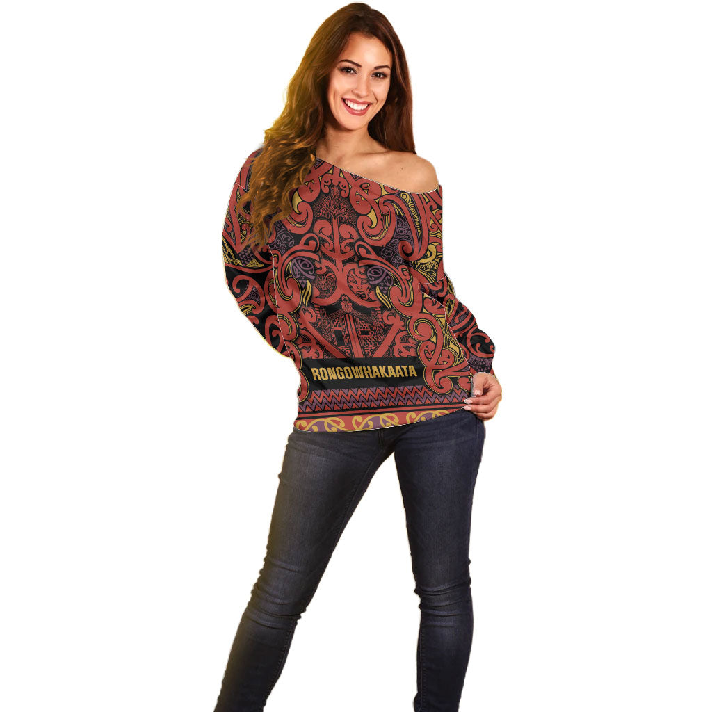 Aotearoa Iwi Rongowhakaata Off Shoulder Sweater Maori Wharenui House Tribal Pattern