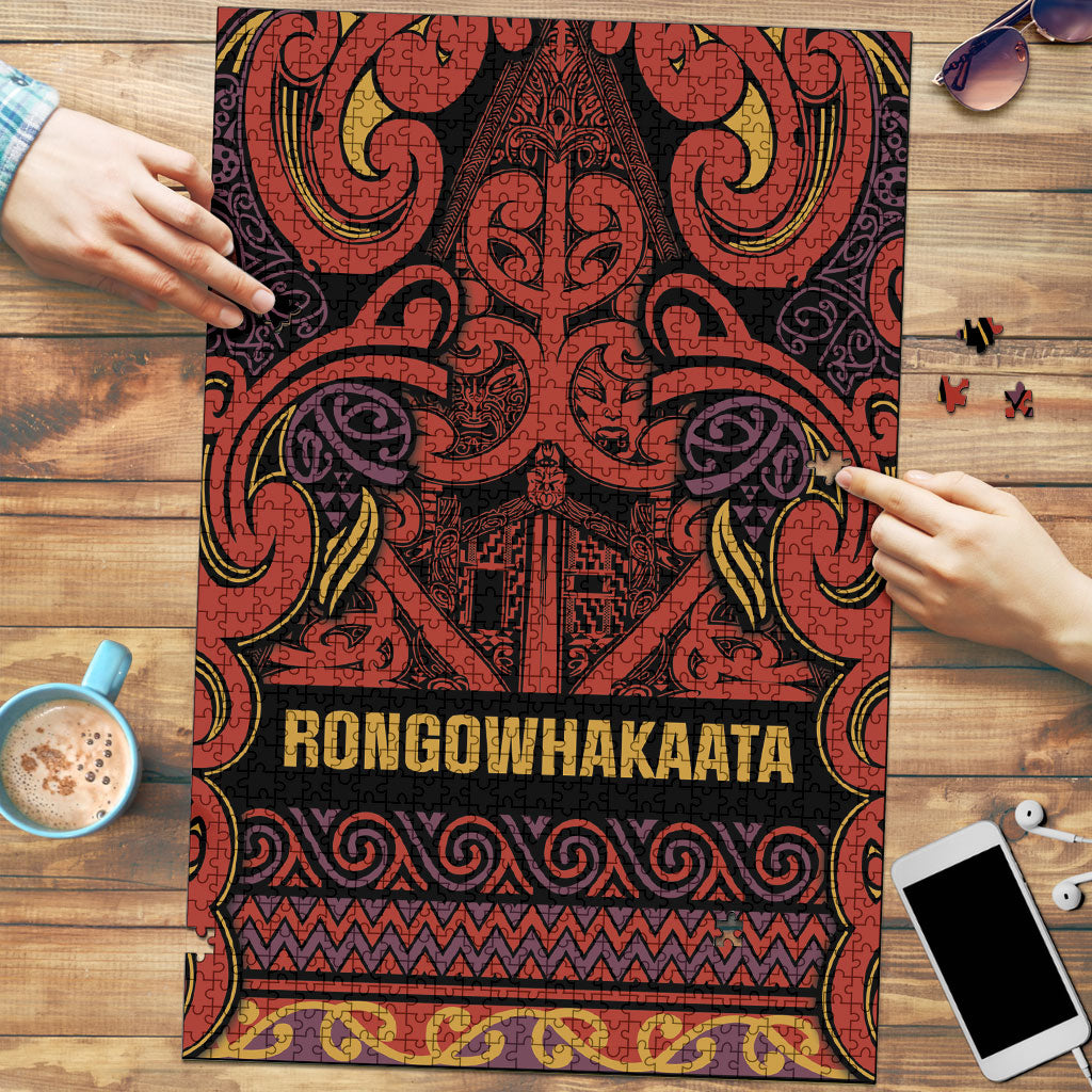 Aotearoa Iwi Rongowhakaata Puzzle Maori Wharenui House Tribal Pattern LT9 Brick Red - Polynesian Pride