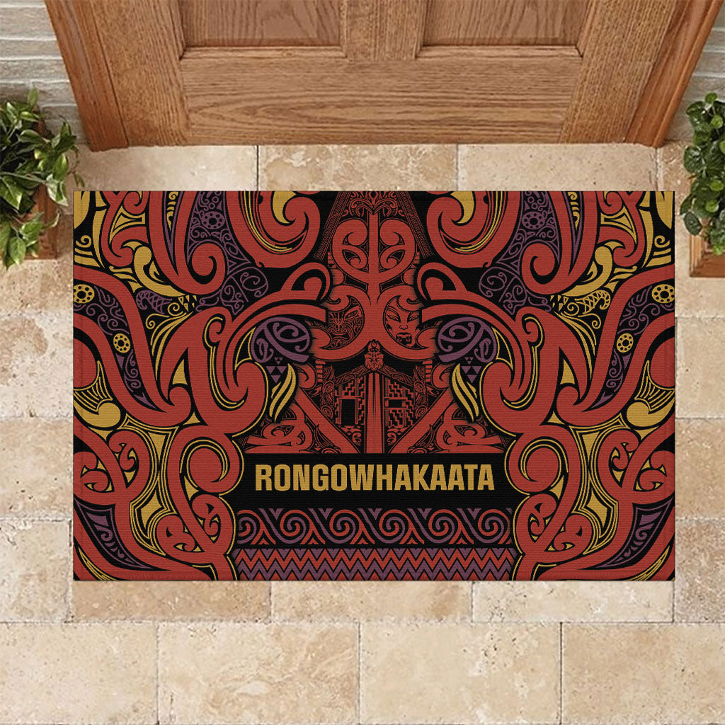 Aotearoa Iwi Rongowhakaata Rubber Doormat Maori Wharenui House Tribal Pattern LT9 Brick Red - Polynesian Pride