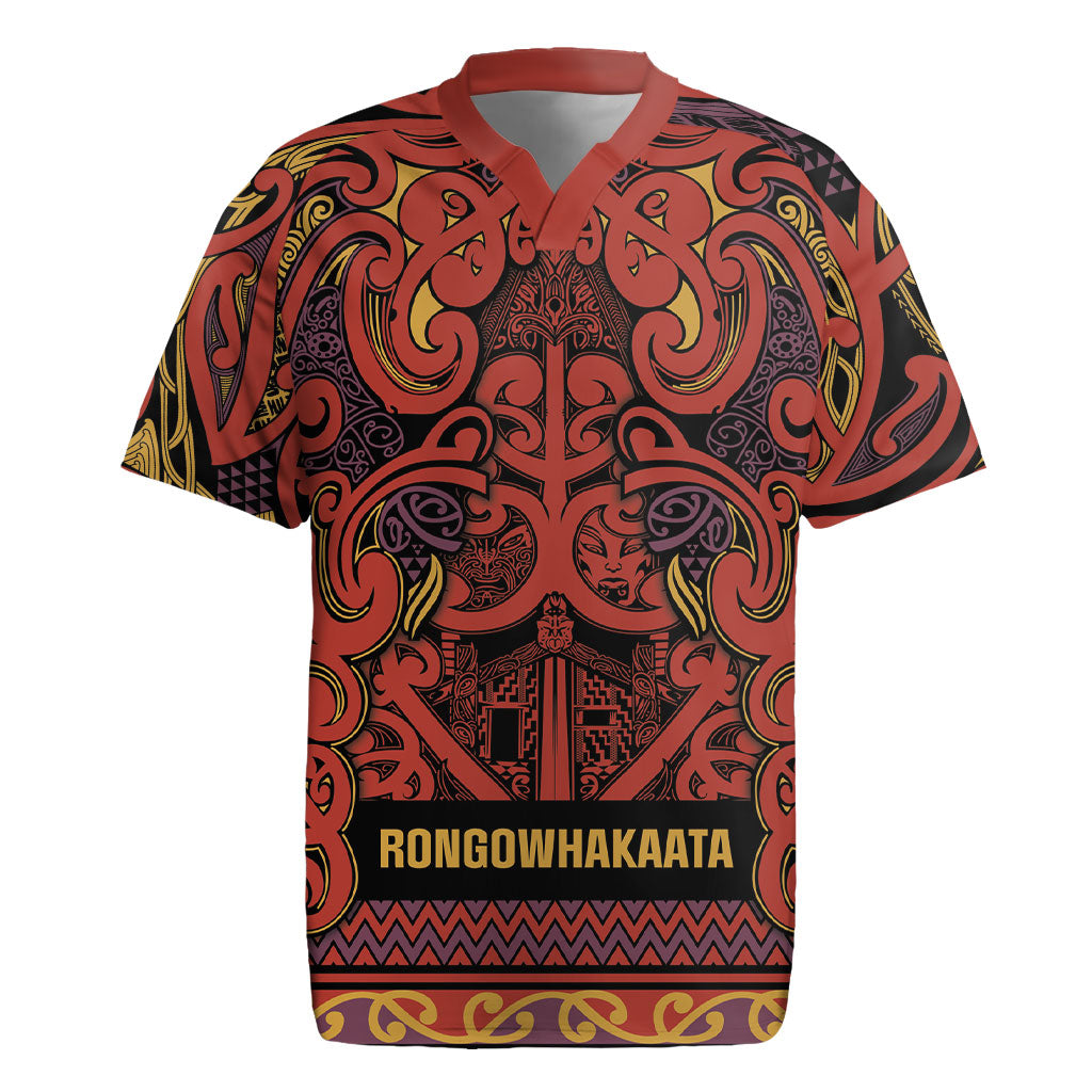 Aotearoa Iwi Rongowhakaata Rugby Jersey Maori Wharenui House Tribal Pattern LT9 Brick Red - Polynesian Pride