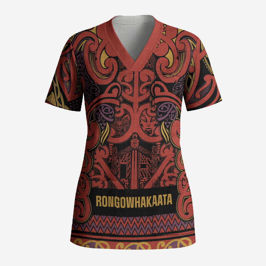 Aotearoa Iwi Rongowhakaata Scrub Top Maori Wharenui House Tribal Pattern LT9 Adult Brick Red - Polynesian Pride