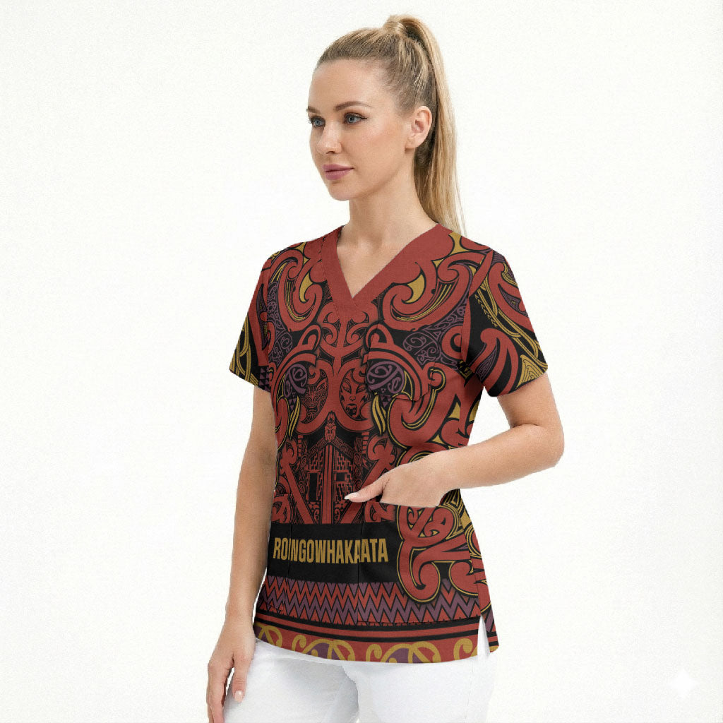 Aotearoa Iwi Rongowhakaata Scrub Top Maori Wharenui House Tribal Pattern LT9 - Polynesian Pride