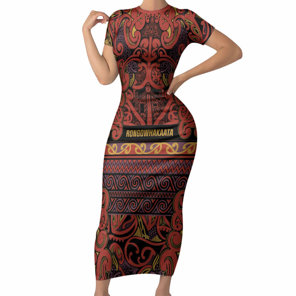 Aotearoa Iwi Rongowhakaata Short Sleeve Bodycon Dress Maori Wharenui House Tribal Pattern LT9 Long Dress Brick Red - Polynesian Pride