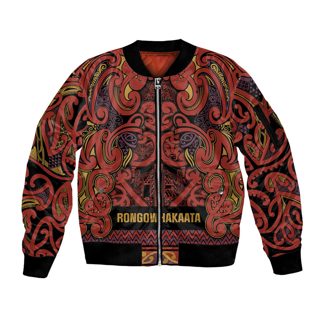 Aotearoa Iwi Rongowhakaata Sleeve Zip Bomber Jacket Maori Wharenui House Tribal Pattern LT9 Unisex Brick Red - Polynesian Pride