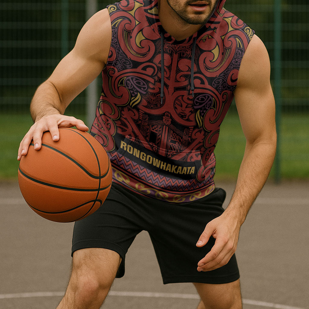 Aotearoa Iwi Rongowhakaata Sleeveless Hoodie Maori Wharenui House Tribal Pattern LT9 - Polynesian Pride